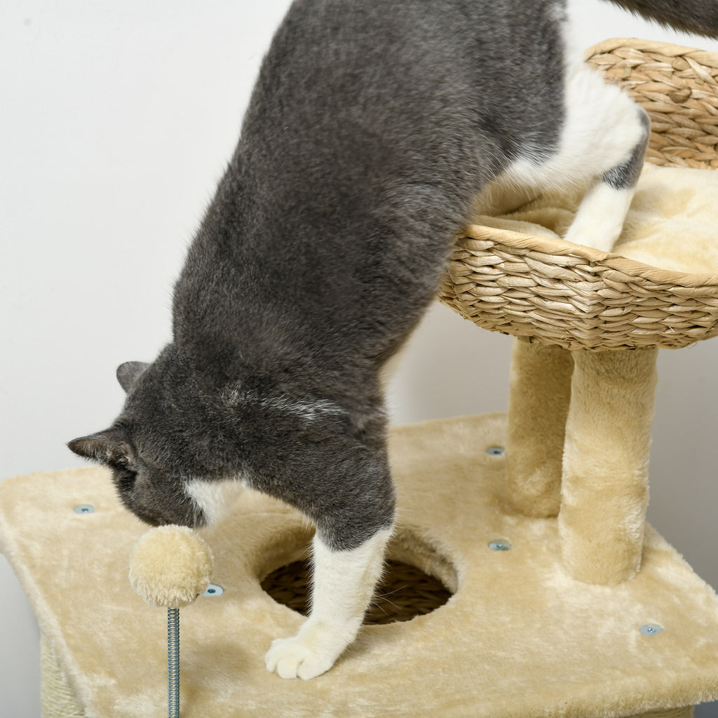 Arbre à chats griffoir sisal naturel 1 niche panier pompon peluche jacinthe d'eau 45 x 40 x 74 cm beige-8