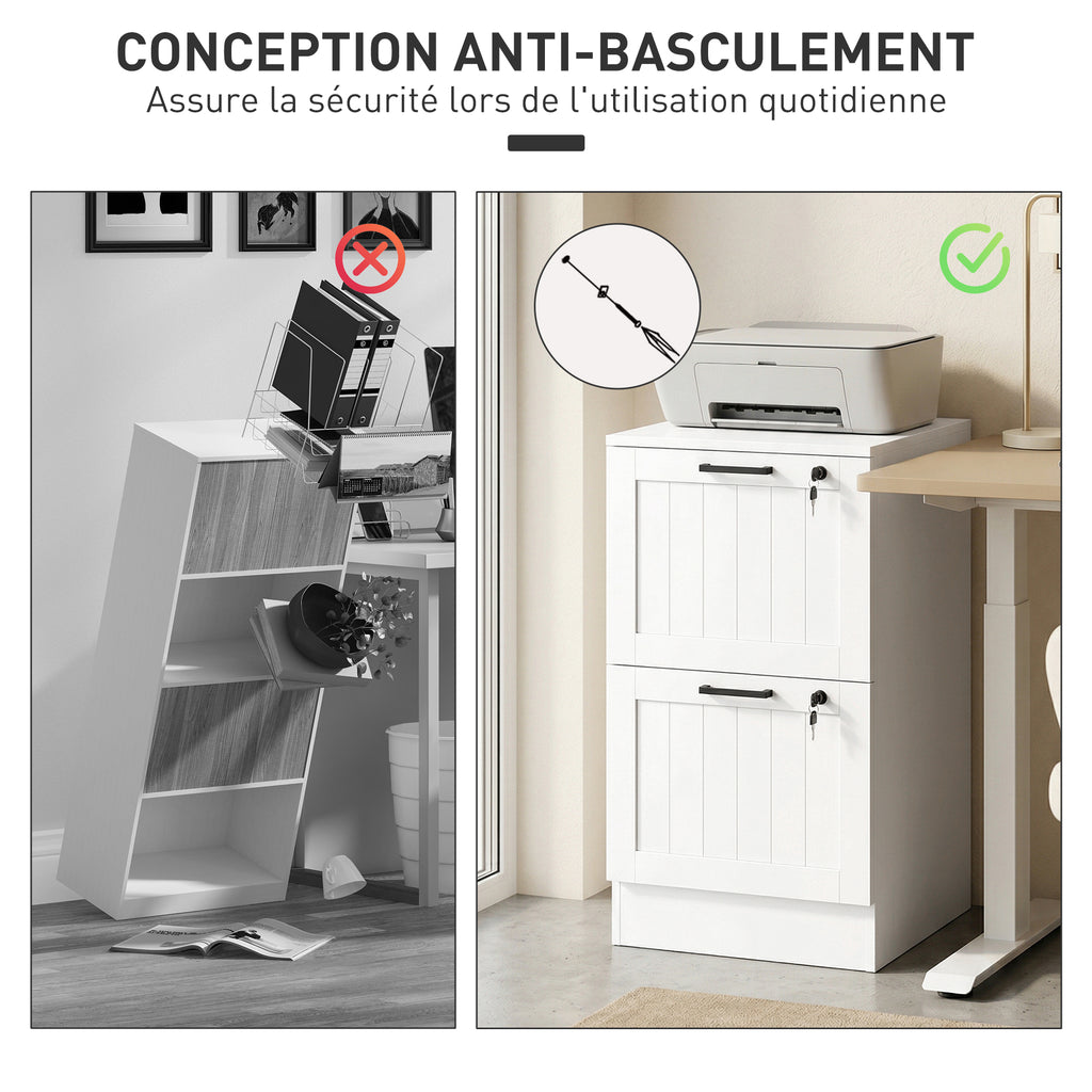 Caisson bureau, meuble rangement bois 2 tiroirs et serrure, barres de suspension réglables, 40 x 40 x 71 cm, blanc-6