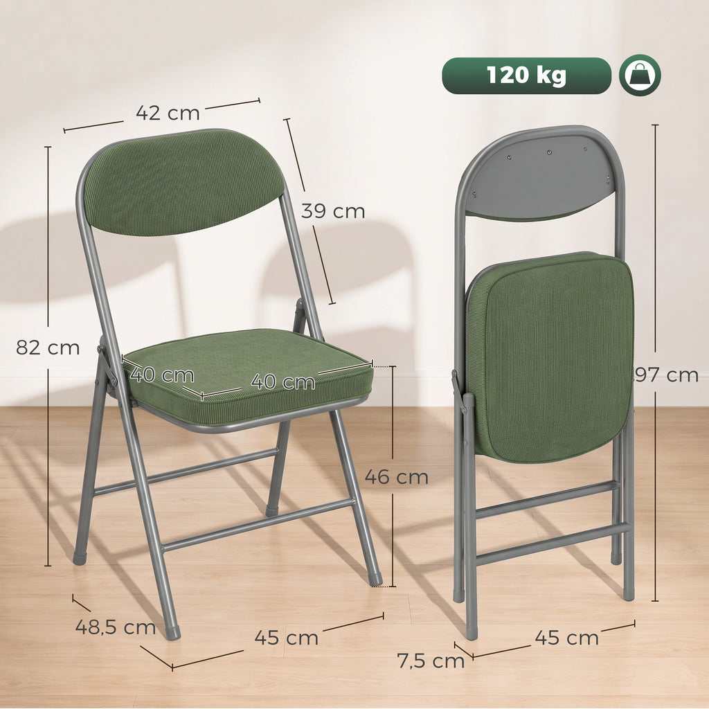 Lot de 2 chaises pliantes chaises de salle à manger portables avec assises et dossiers rembourrés en velours côtelé vert-2