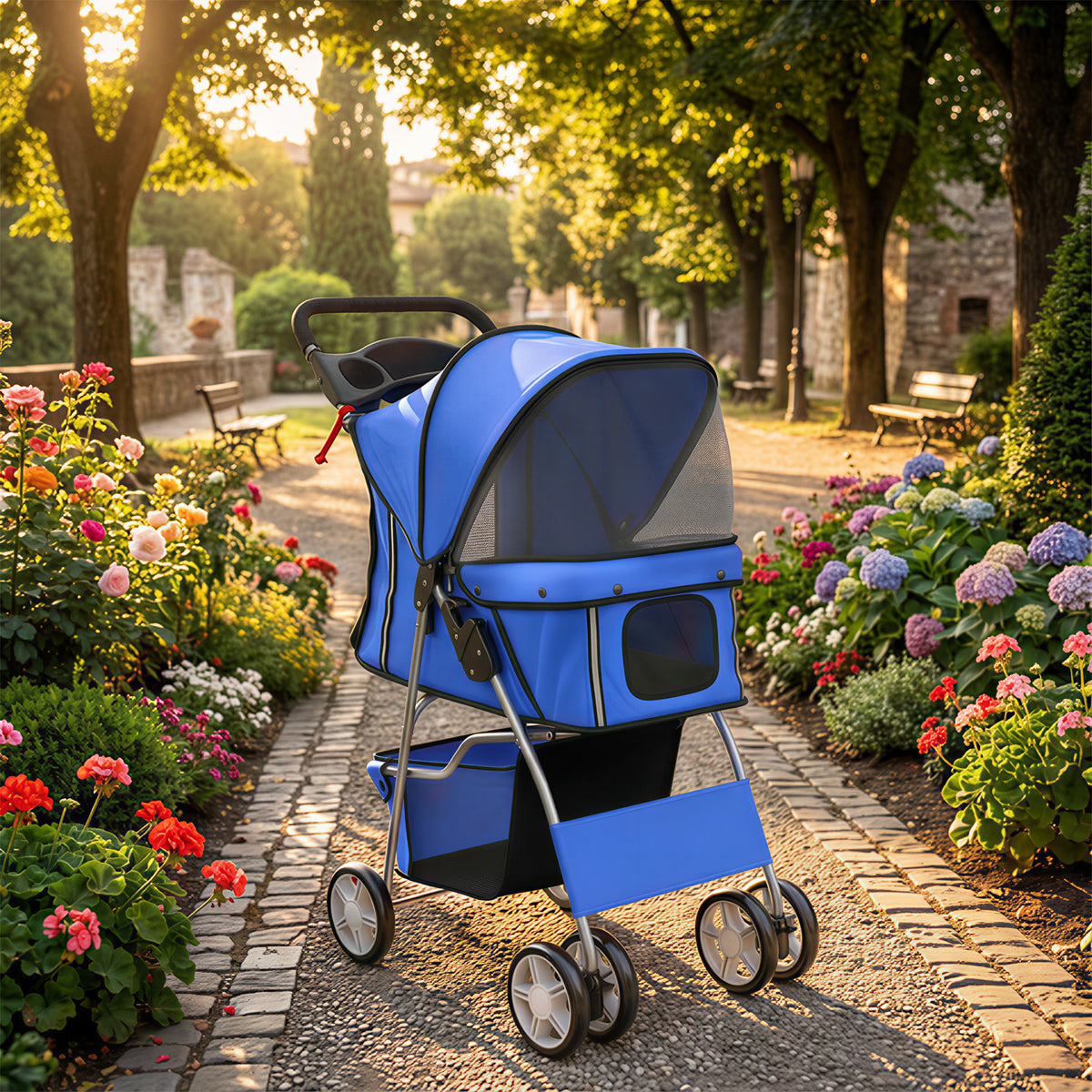 Poussette buggy pliable animaux porte-gobelet panier de rangement tissu 600D Oxford acier 75 x 45 x 97 cm bleu-1