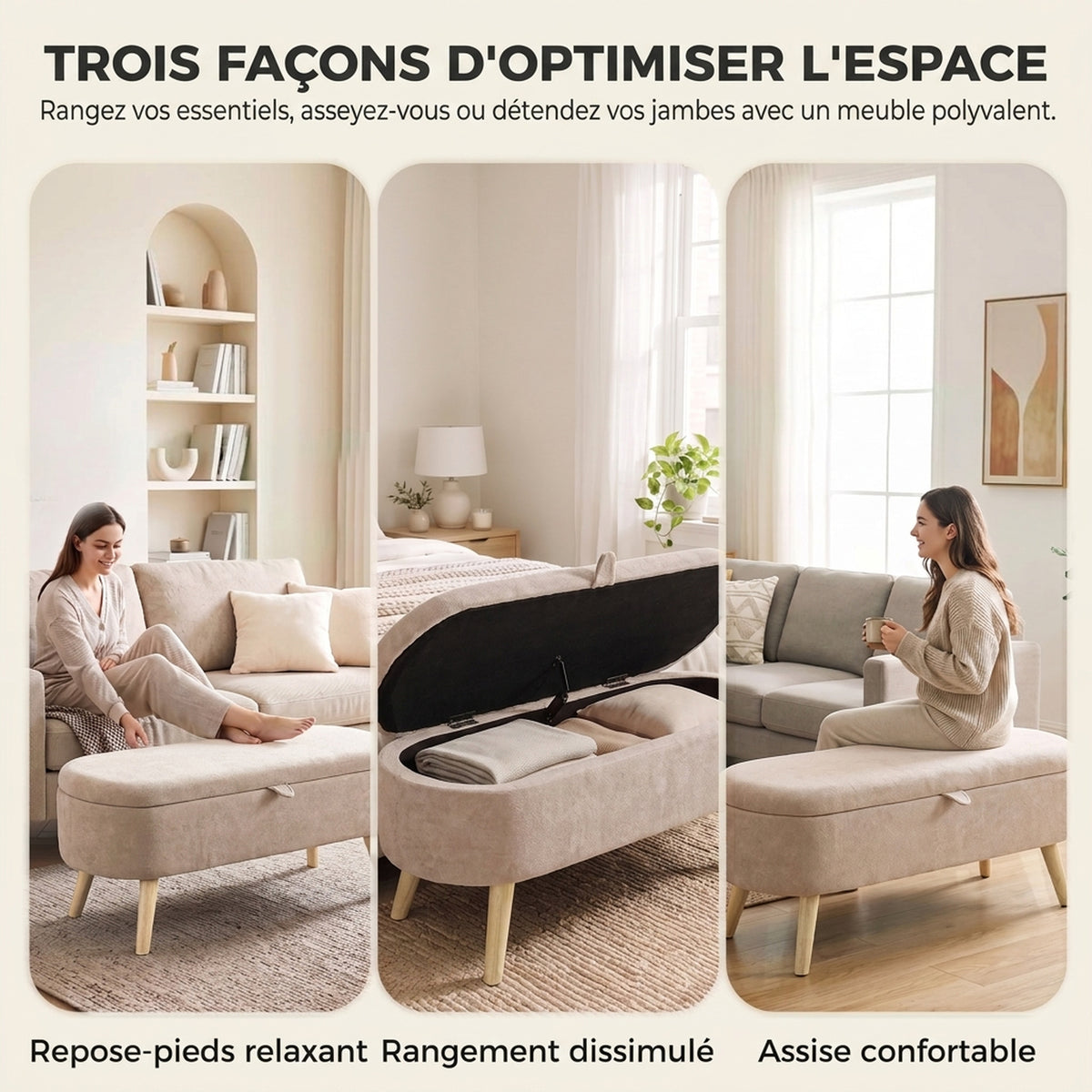 Banc Coffre de Rangement en Sherpa Moderne pour Bout de Lit avec Pieds en Bois 95cm Beige-5