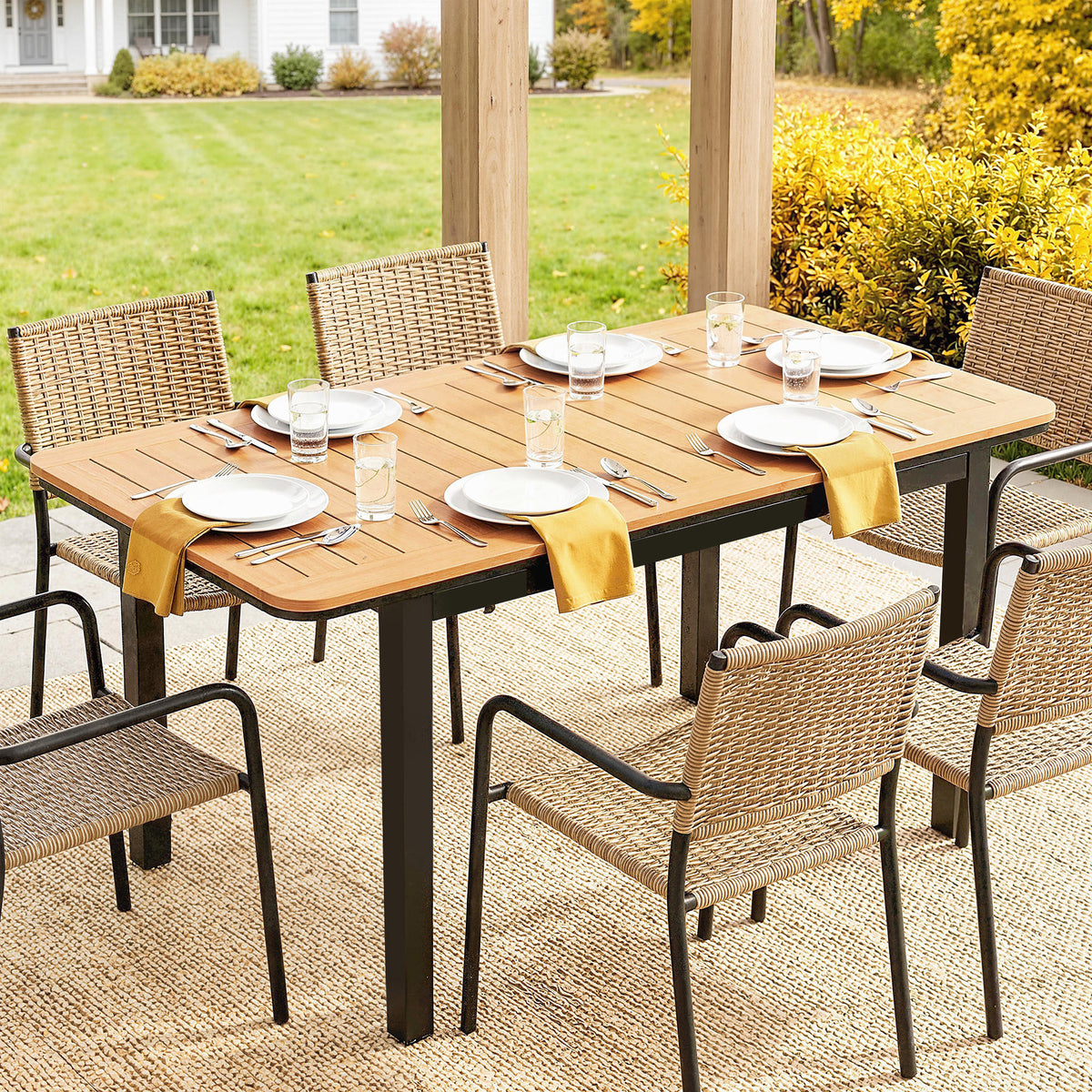 Table de Jardin 6 Personnes Rectangulaire en Bois Composite Cadre en Métal et Plateau à Lattes 127x70cm Marron-9