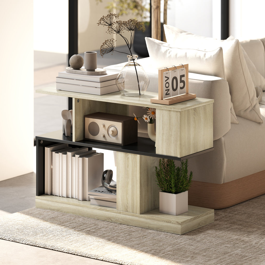 Table d'appoint en forme S, bout de canapé à 3 niveaux étagères de rangement, 90 x 30 x 61 cm, effet bois naturel noir-1