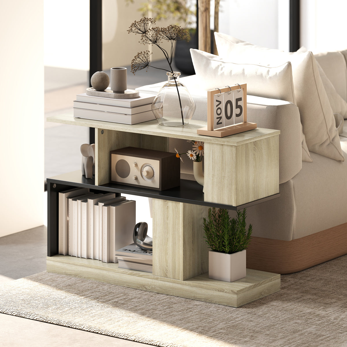 Table d'appoint en forme S, bout de canapé à 3 niveaux étagères de rangement, 90 x 30 x 61 cm, effet bois naturel noir-1
