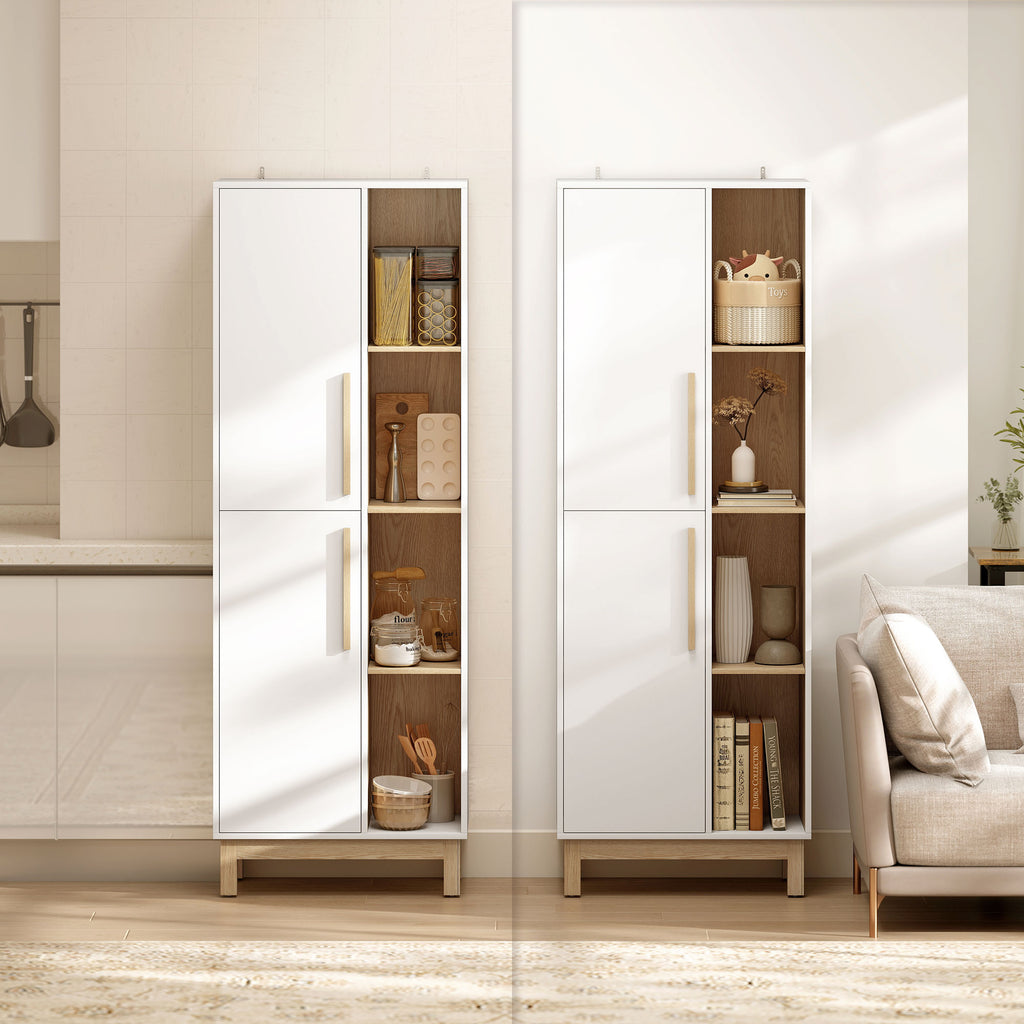Meuble de Salle de Bain, Meuble de Rangement, 2 Portes, 4 Compartiments Ouverts et Étagères Réglables, Blanc et Naturel-7