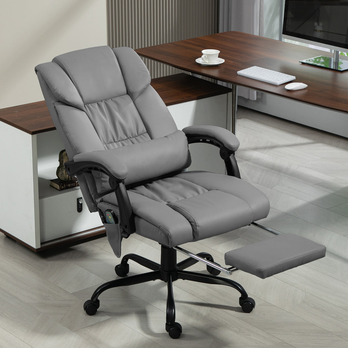 Fauteuil de bureau massant avec repose-pied, hauteur réglable, dossier inclinable, télécommande filaire, pivotant à 360°-1