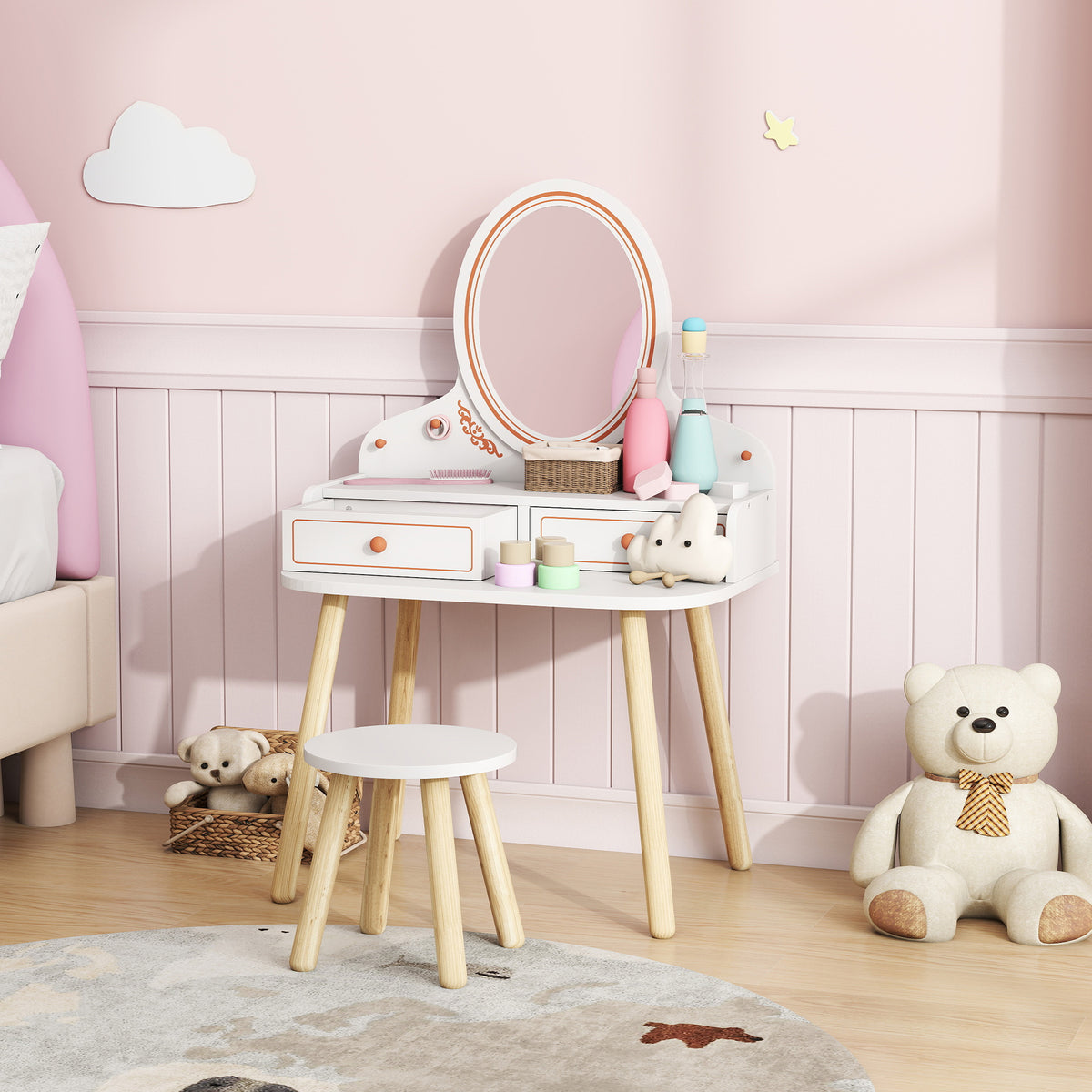 Coiffeuse Enfant en Bois avec Miroir Acrylique et Tabouret, 2 Tiroirs, Coins Arrondis, 3 à 8 Ans, 56x38x87,8cm, Blanc-1