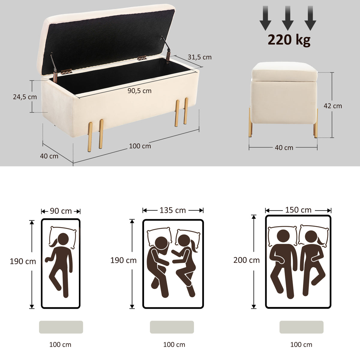 Banc de rangement coffre de rangement design contemporain - espace de rangement velours beige piètement métal doré-2