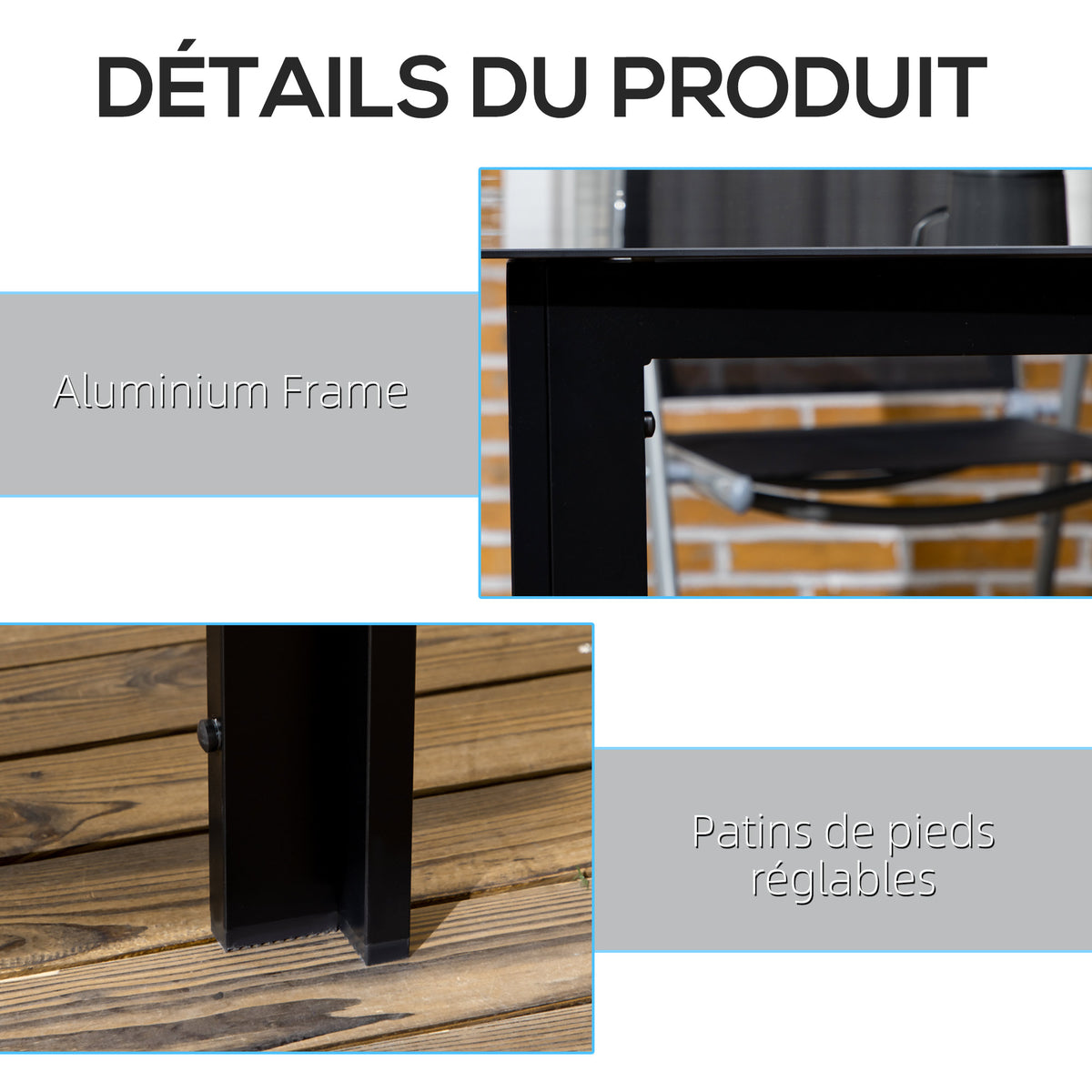 Table de jardin rectangulaire en aluminium et plateau en verre trempé - 6 personnes 150 x 90 x 74 cm noir-4