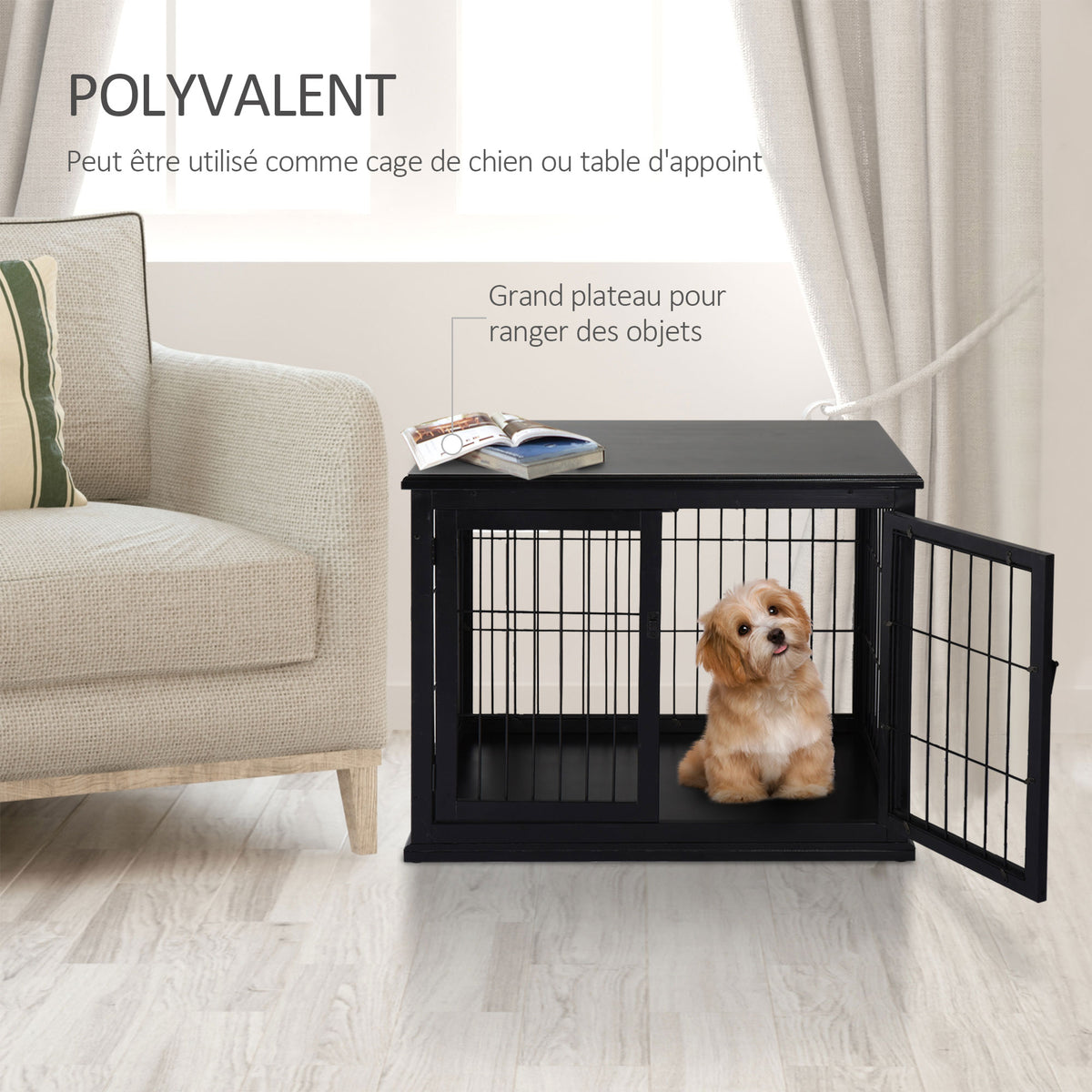 Cage pour chien animaux meuble cage chien intérieur en bois MDF classe E1 3 portes verrouillables max. 30 Kg dim. 81L x 58l x 66H cm noir-4