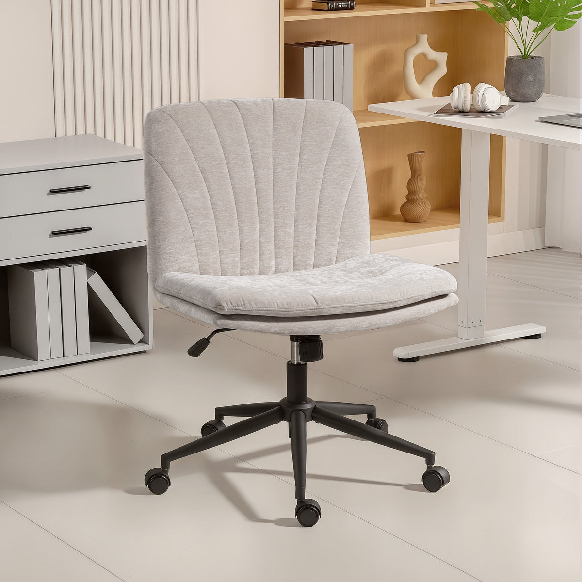 Chaise de bureau sans accoudoirs, fauteuil de bureau en chenille, hauteur réglable, 62 x 67 x 83-93 cm, beige-1
