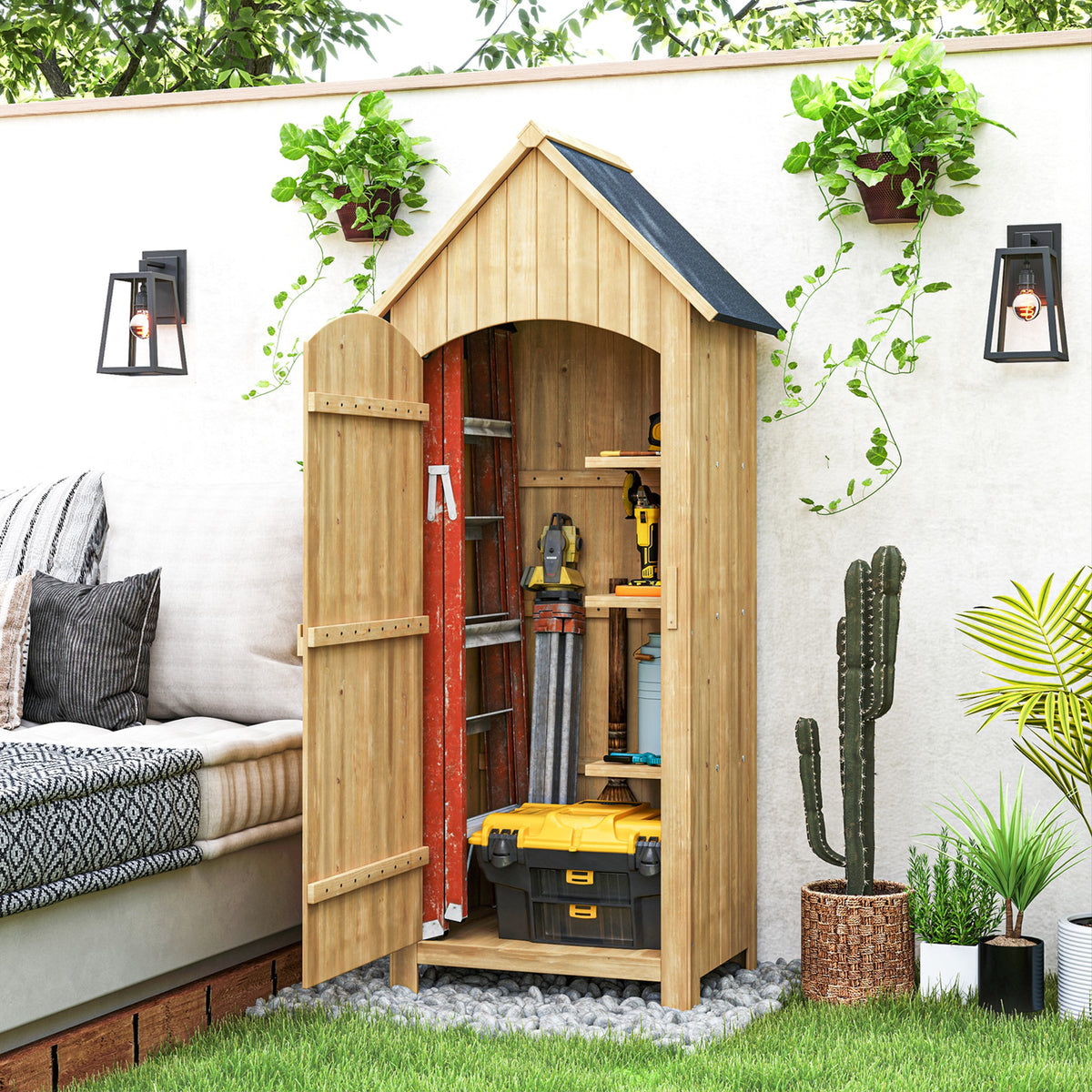Abri de jardin en bois cabane de jardin exterieur armoire de jardin avec toit bitumé 3 étagères porte avec loquet rangement et stockage extérieurs pour terrasse 77,5 x 54,2 x 179,5 cm naturel-1
