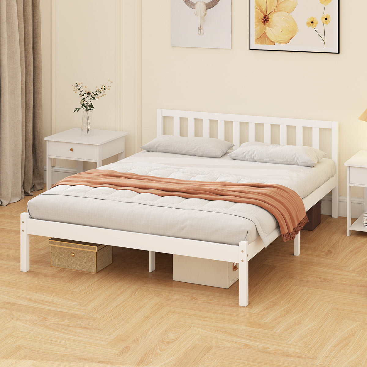 Cadre de lit en bois massif 140x190 cm lit simple avec tête de lit et sommier à lattes solide pour enfants adultes-6