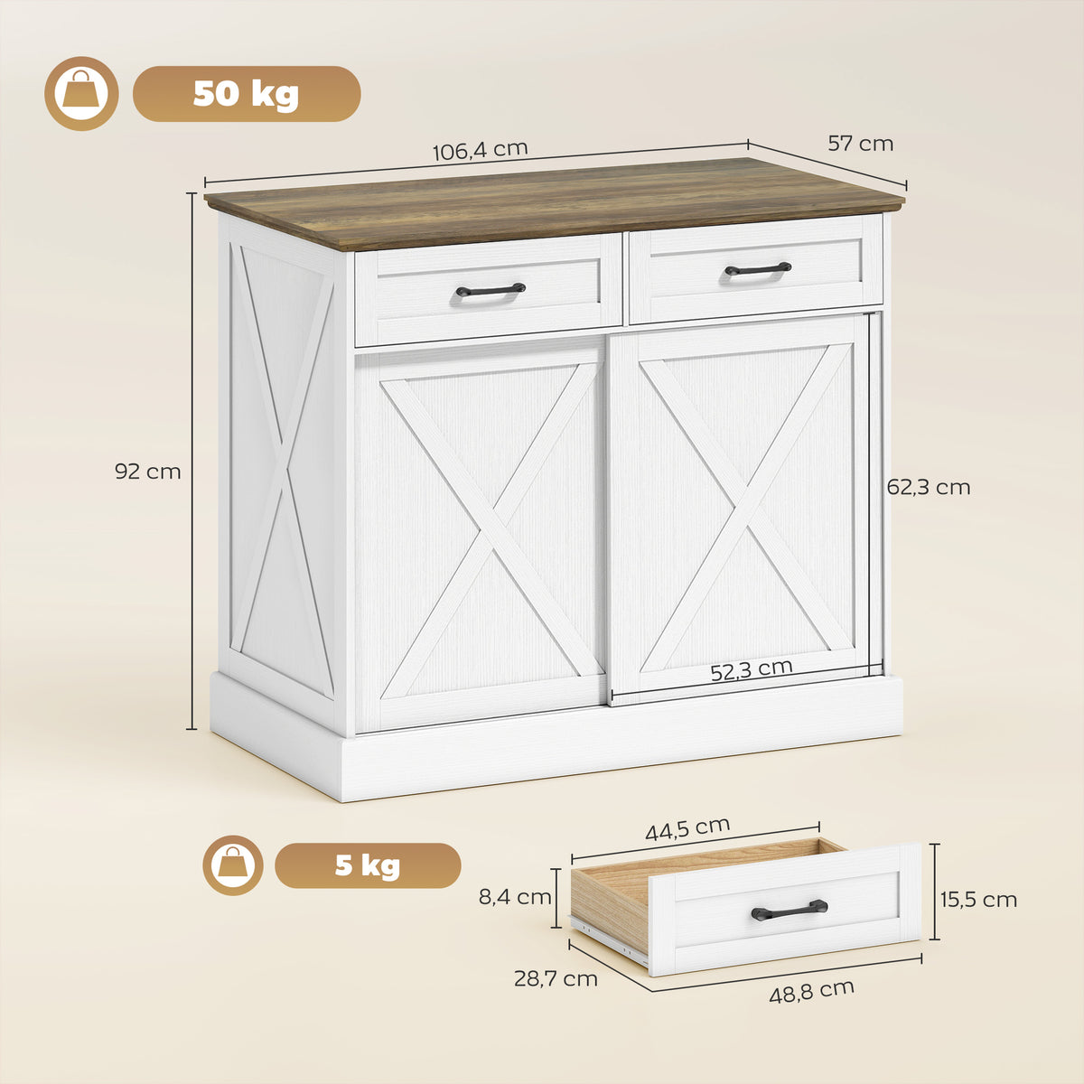 Buffet cuisine, buffet cuisine, meuble de rangement avec 2 tiroirs 2 portes coulissantes, étagère réglable, blanc-2