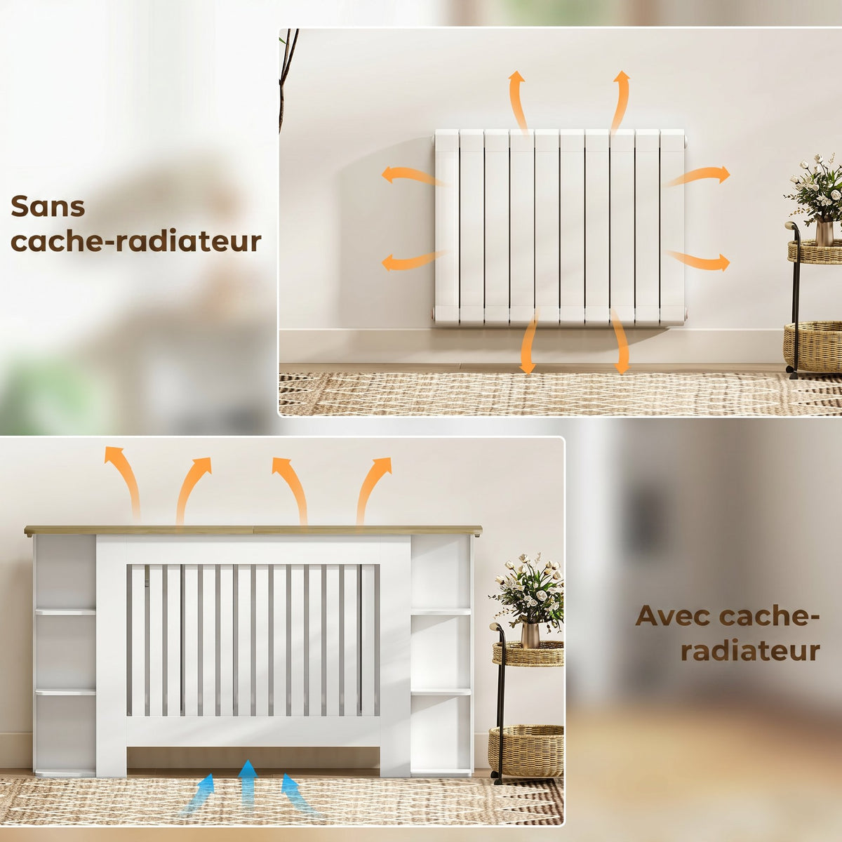 Cache-radiateur avec étagères de rangement ouvertes, couvercle de radiateur en bois à lattes, 152x19x83cm, blanc-4