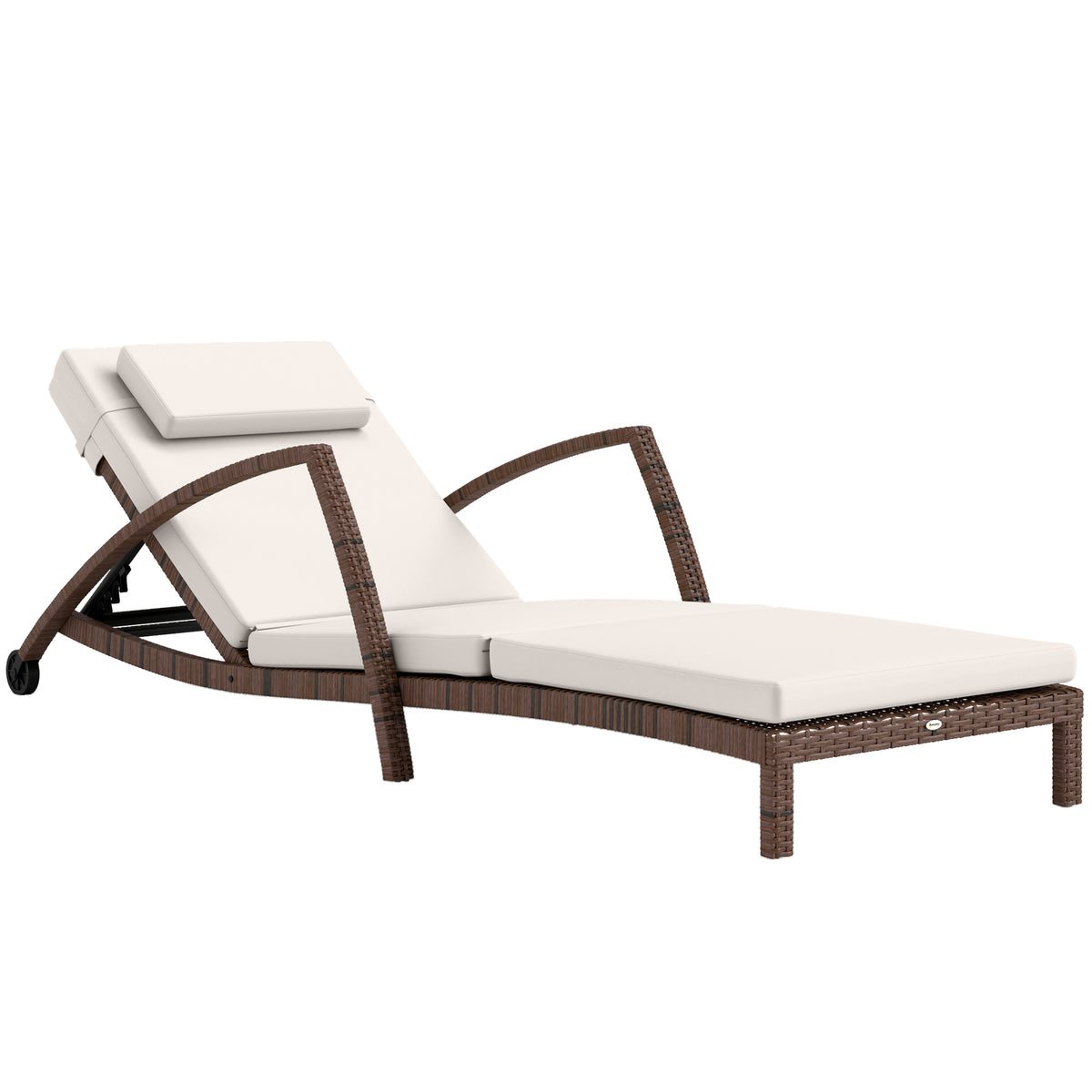 Bain de soleil, chaise longue en résine tressée avec dossier réglable, roulettes, coussin et accoudoirs, marron et beige-0