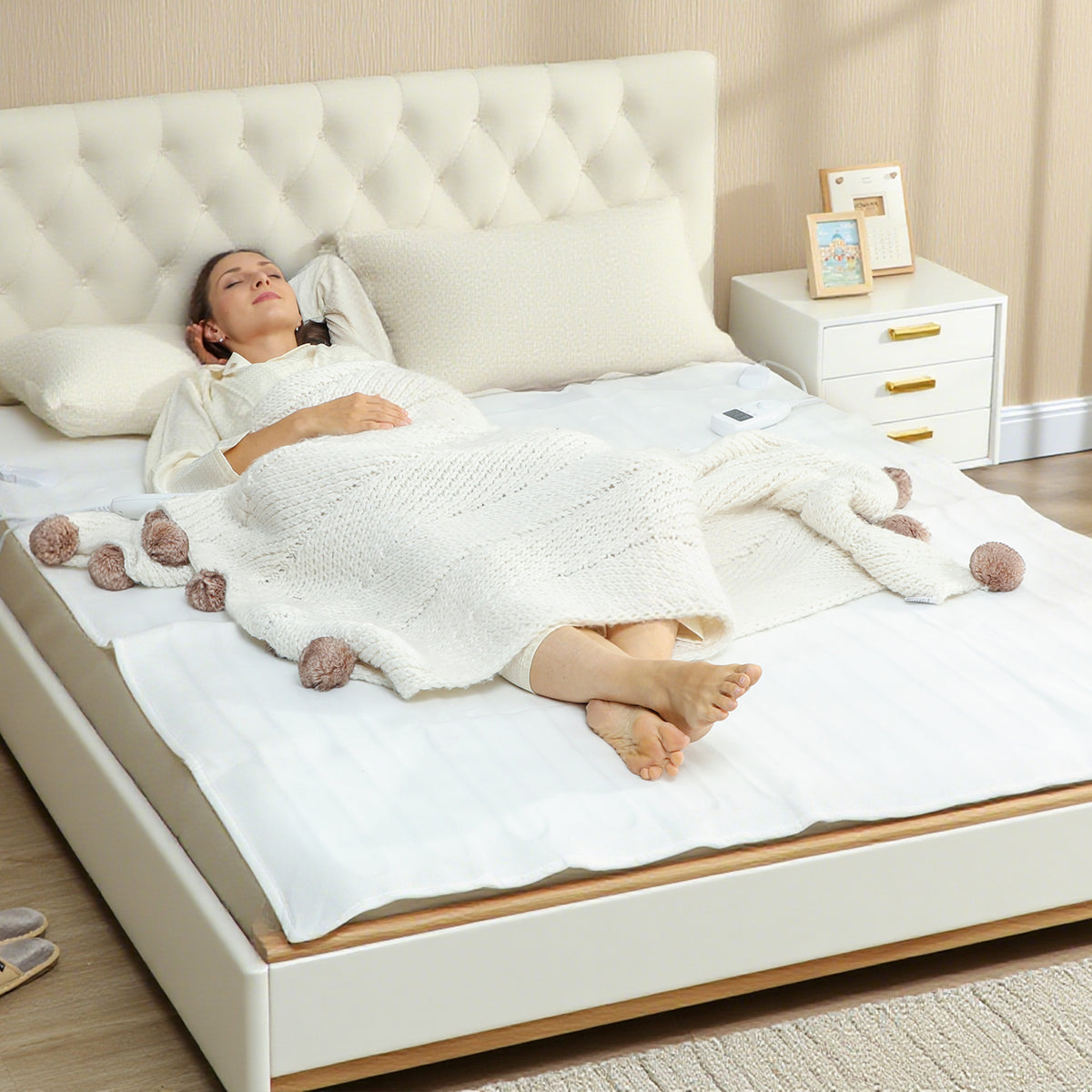 Couverture chauffante, plaid chauffant avec double commande, 5 niveaux de chauffage, minuterie 10H, 160x140cm, blanc-9