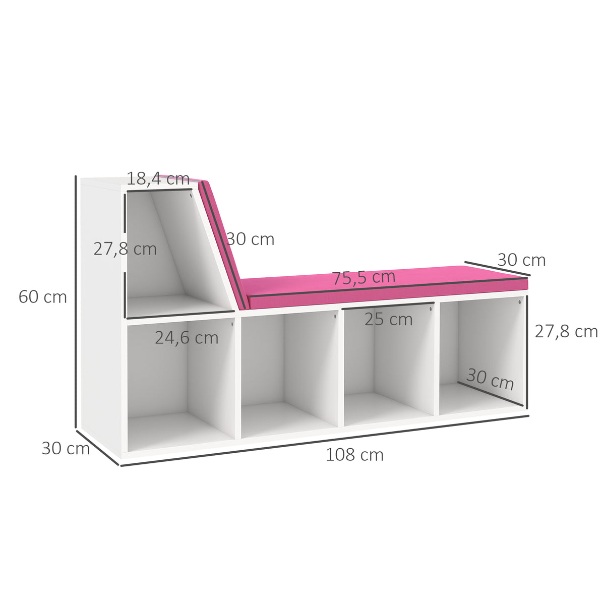 Bibliothèque banc 2 en 1 avec 5 compartiments de rangement et 2 coussins 108 x 30 x 60 cm blanc rose-2