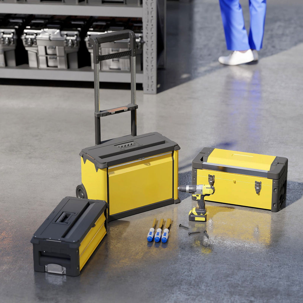 Lot de 3 boîtes à outils sur roulettes empilables et modulaires en acier avec plateau, poignées et serrure, jaune-7