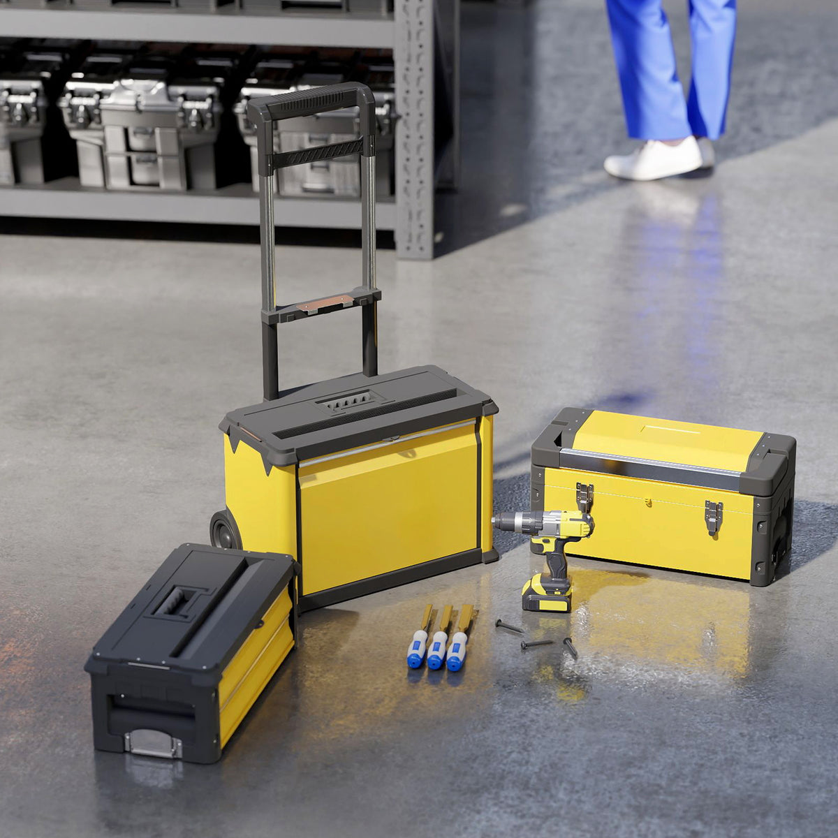 Lot de 3 boîtes à outils sur roulettes empilables et modulaires en acier avec plateau, poignées et serrure, jaune-7