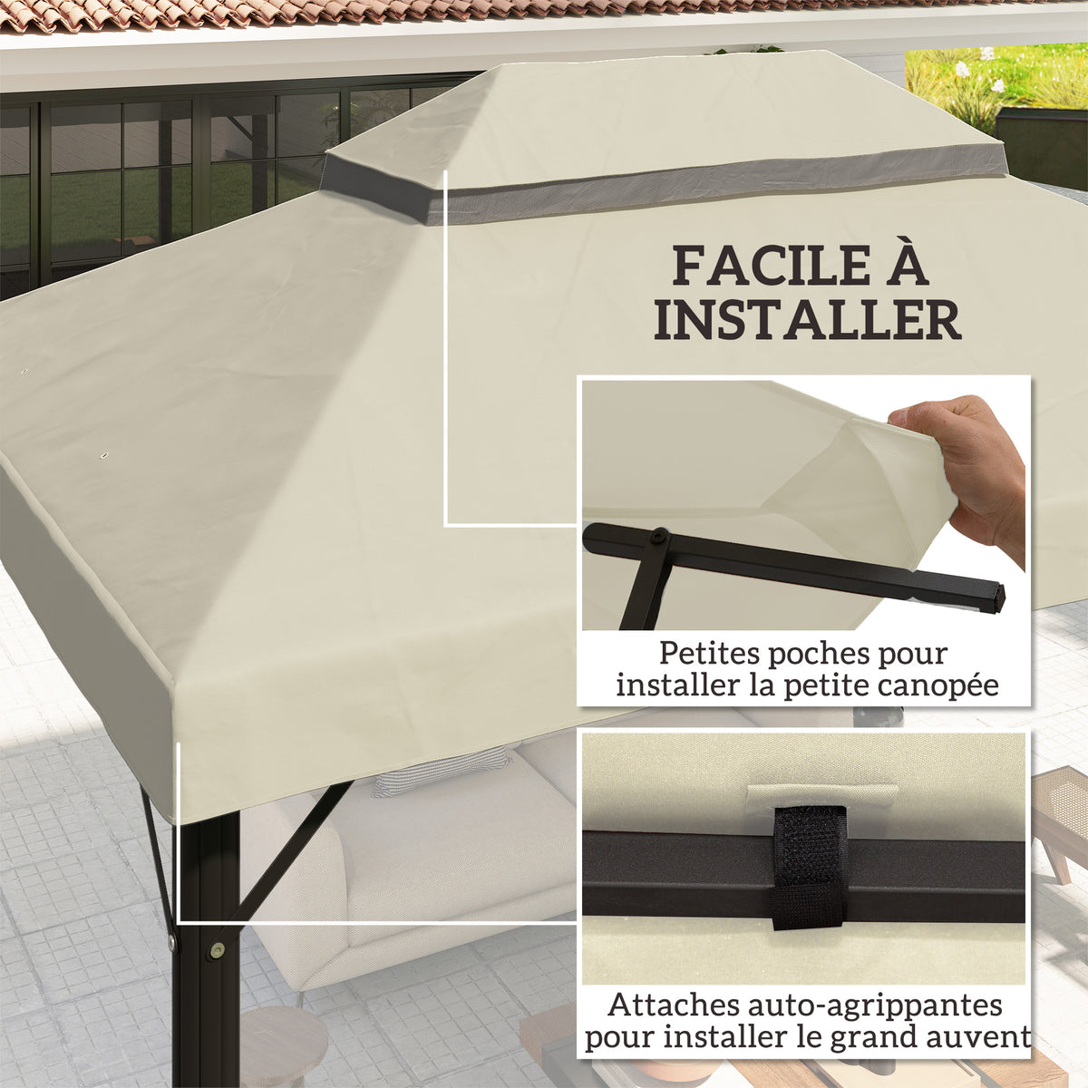 Toile pour tonnelle toile de rechange pour tonnelle à 2 niveaux protection UPF30+ trous de drainage  4 x 3 m crème-4