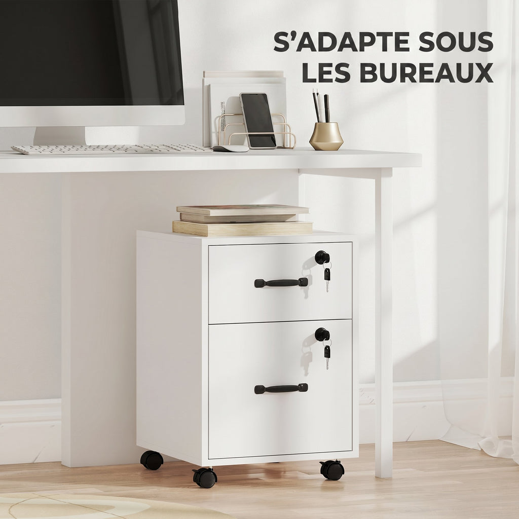 Caisson bureau mobile à 2 tiroirs, meuble rangement bureau sur roulettes pour documents suspendus format lettre, blanc-6