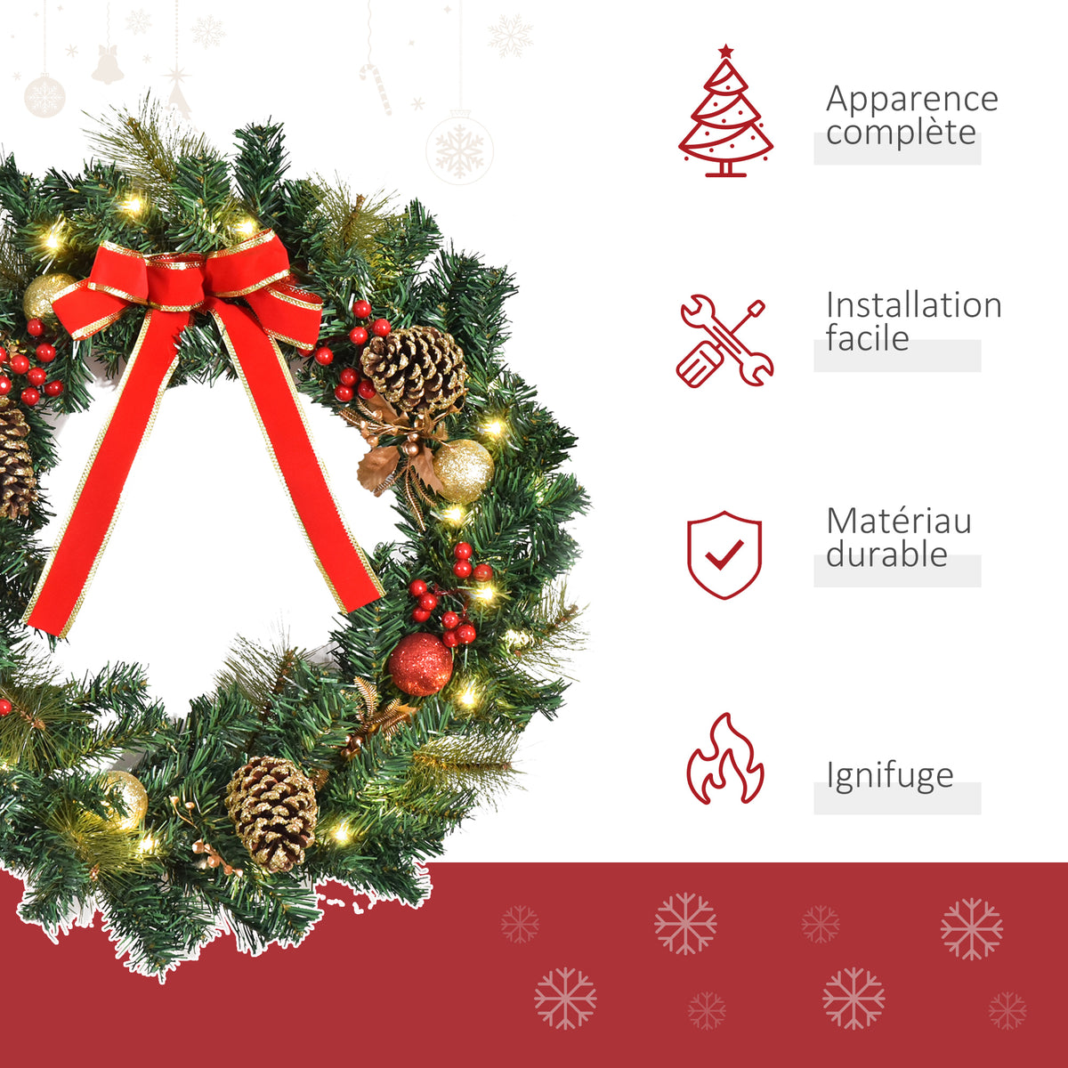 Couronne de Noël artificielle lumineuse avec 20 LED de 60 cm - décorée de houx et de pommes de pin-3