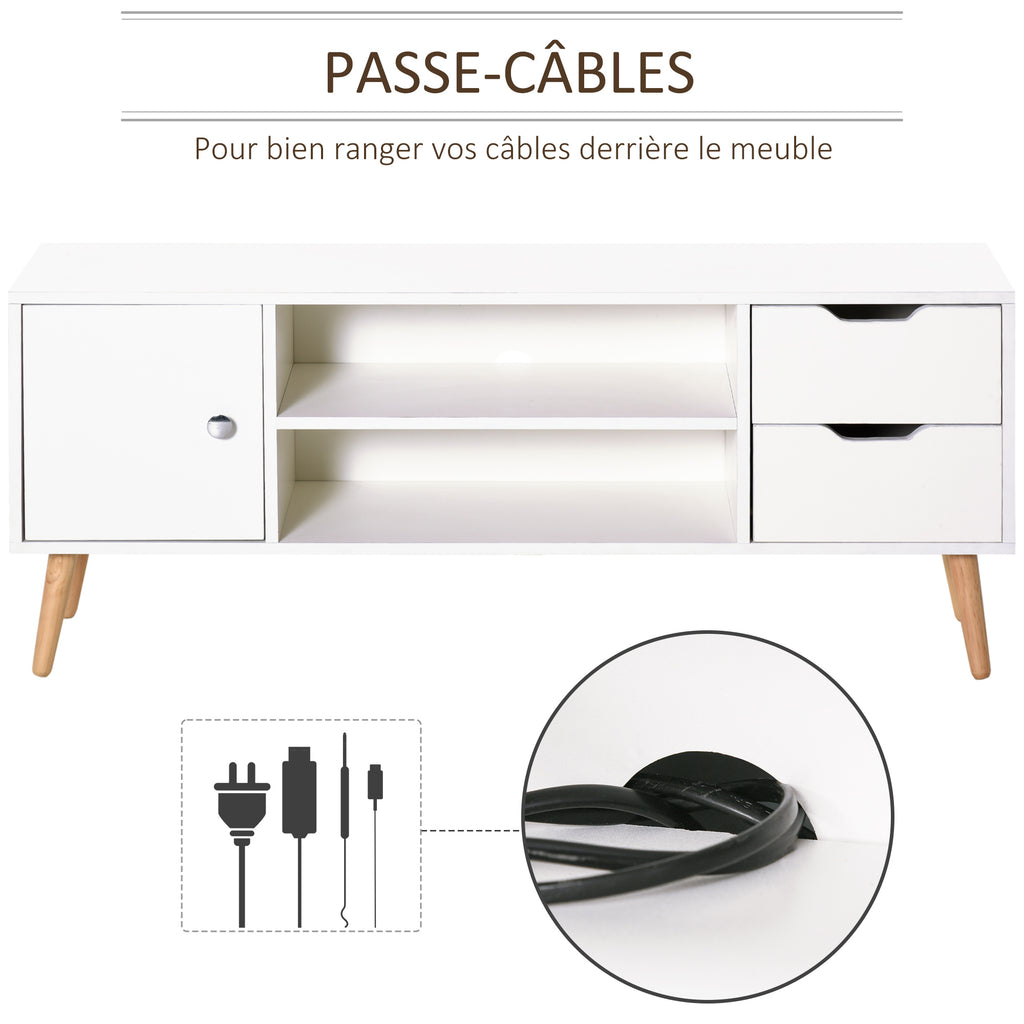 Meuble TV Banc TV Style scandinave Placard 2 niches 2 tiroirs Passe-Fils Panneaux Particules Blanc Bois pin-5