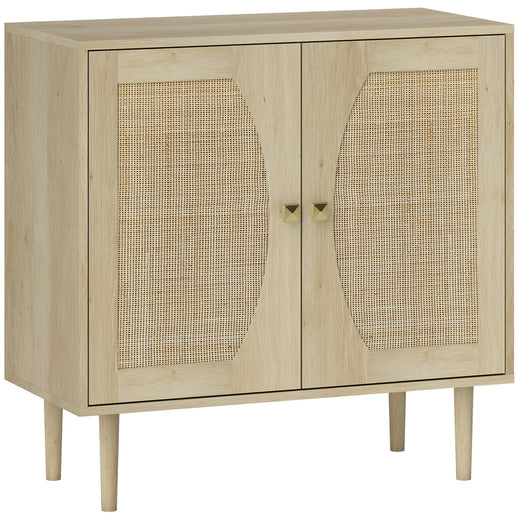 Buffet de cuisine meuble de rangement double portes avec 2 niveaux, façade en cannage 80 x 38 x 79 cm effet bois naturel-0