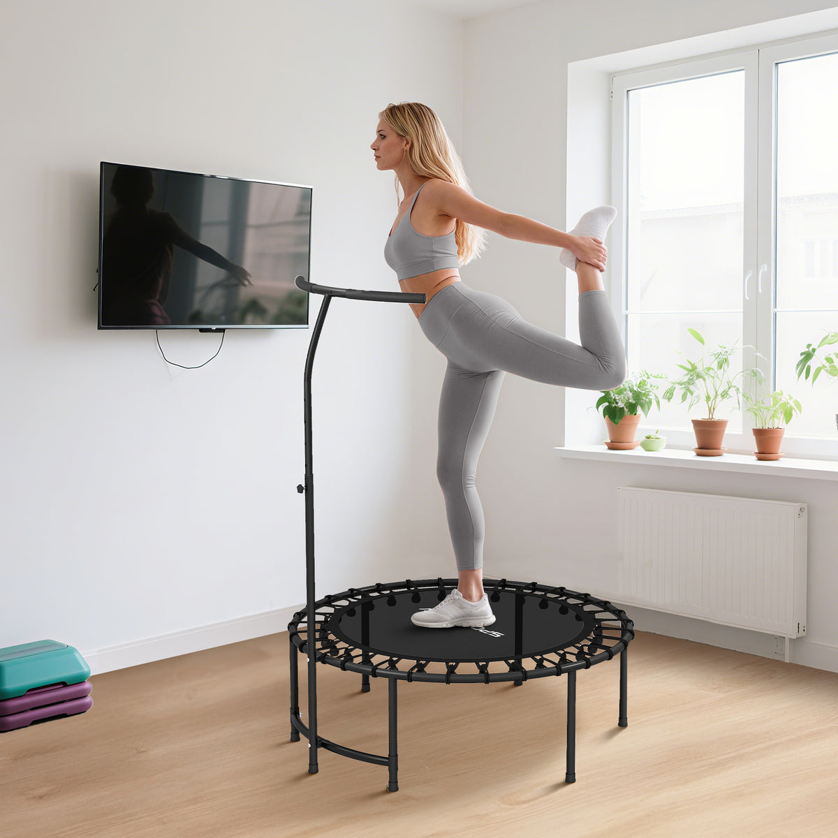Trampoline de Fitness avec Cordes Élastiques, Poignée Réglable 5 Positions, Capacité 100 kg, Acier, Ø102x132cm, Noir-7