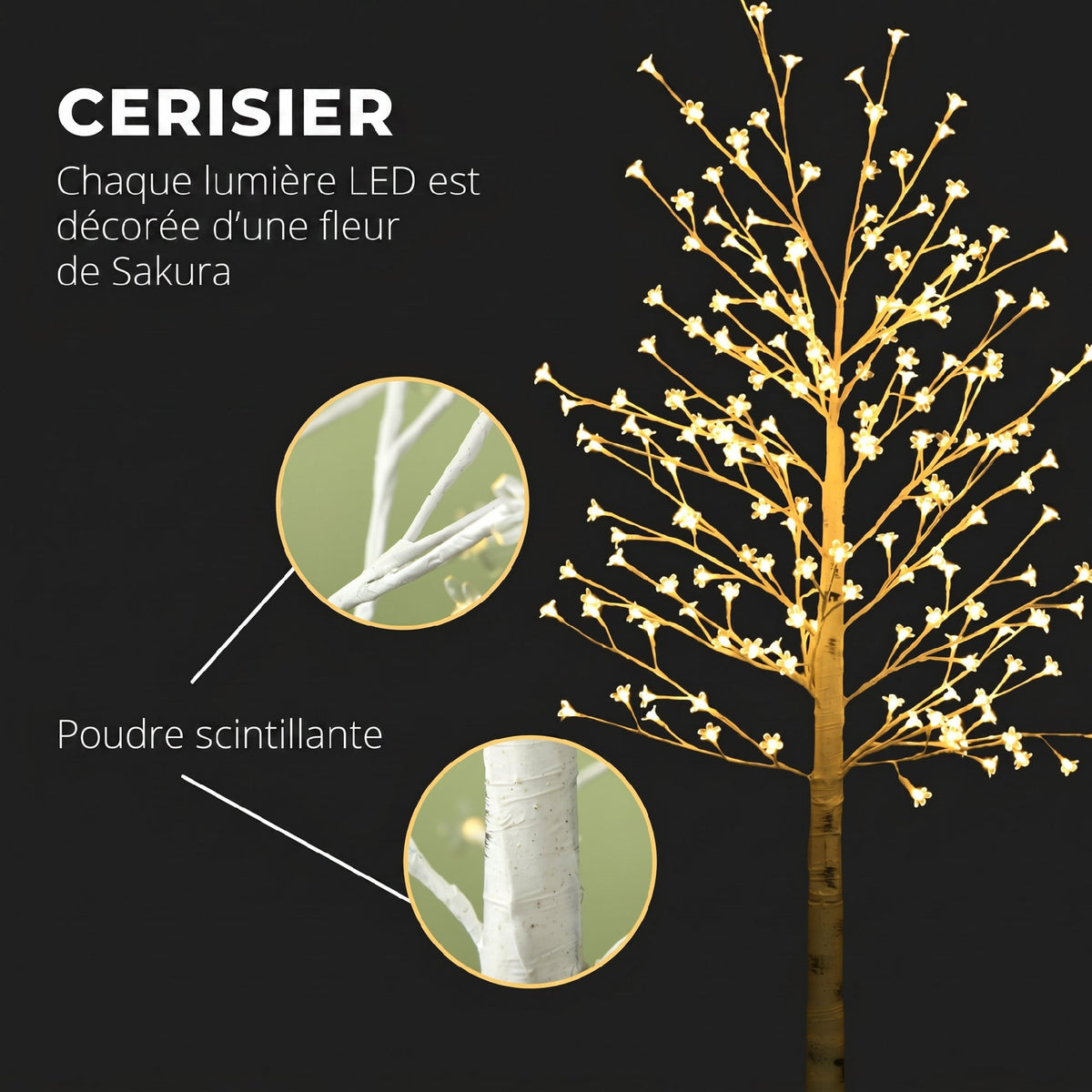 Arbre Lumineux LED 180 cm 180 LEDs Blanc Chaud, Arbre Artificiel de Cerisier en Fleurs, IP44, Intérieur Extérieur, Blanc-4