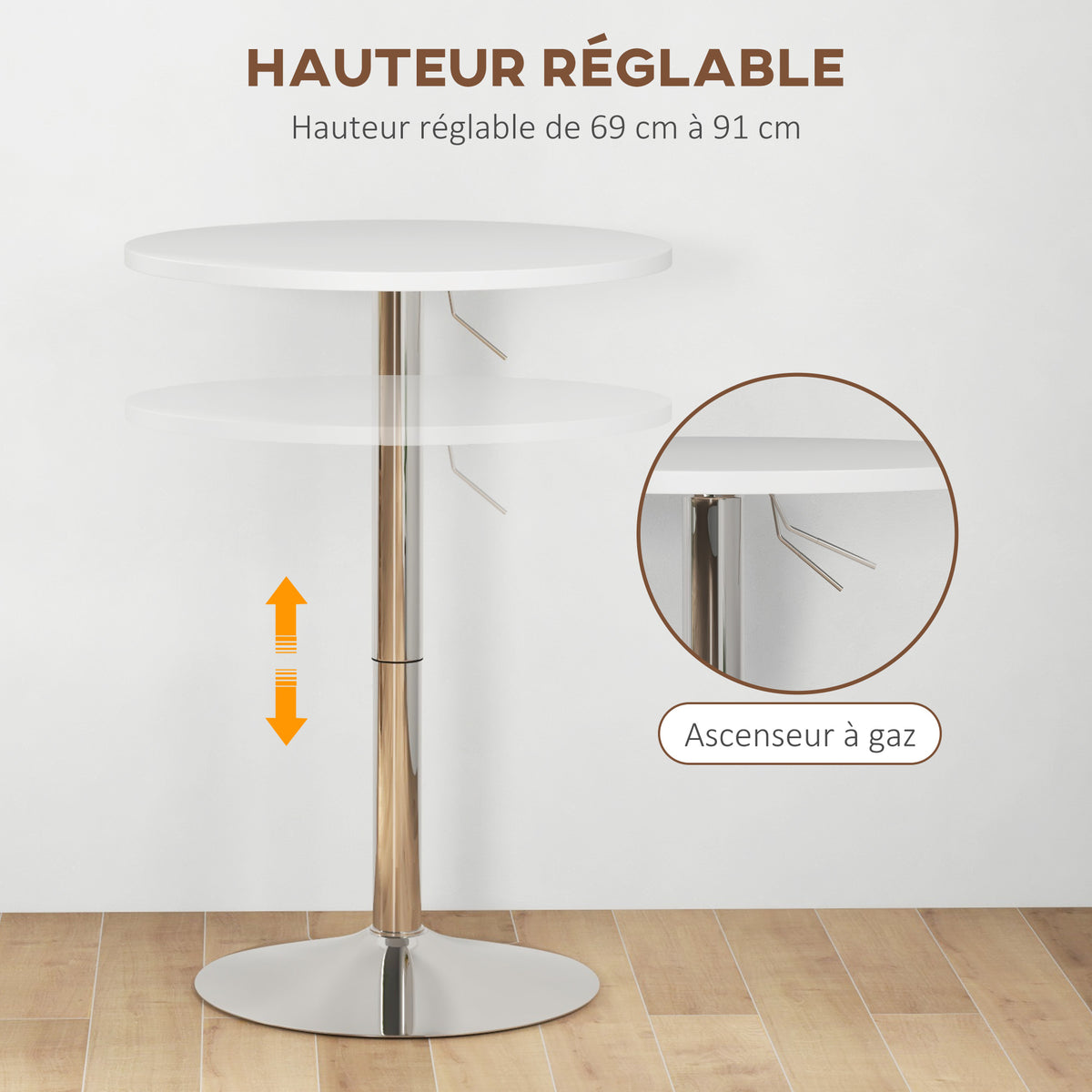 Table de bar ronde table haute cuisine réglable en hauteur 69-91 cm plateau pivotante à 360° blanc et argenté-3