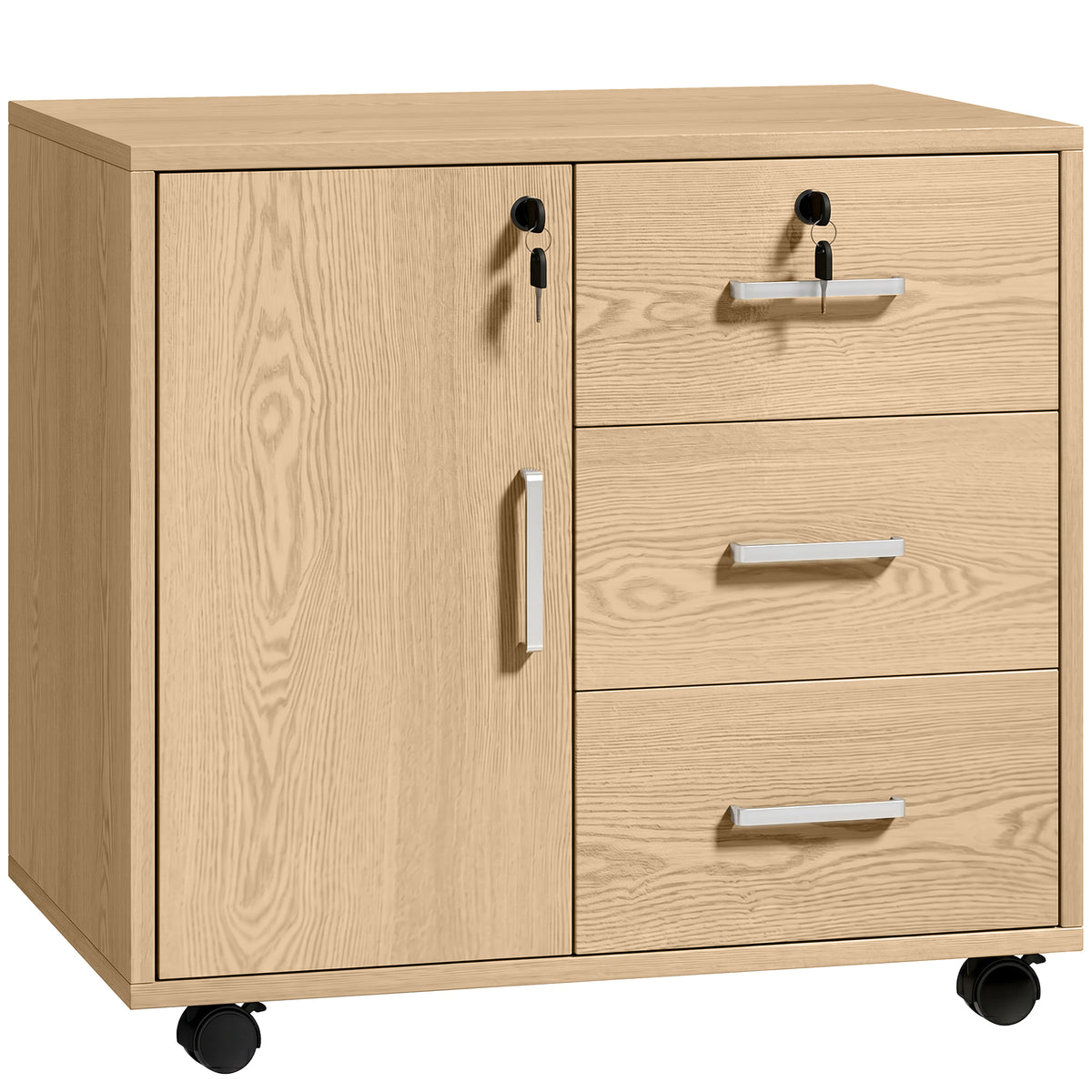Caisson bureau meuble de rangement verrouillable avec 3 tiroirs et étagère réglable, roulettes, 40 x 60 x 56 cm, marron clair-0