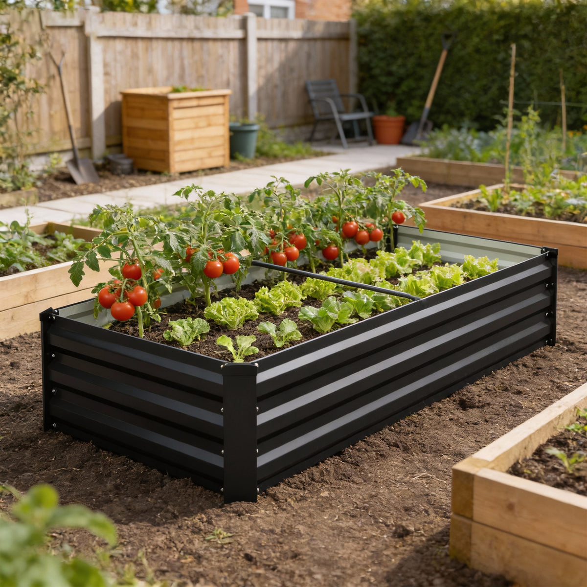Jardinière rectangulaire potager de jardin en acier galvanisé bordure de sécurité et fond ouvert 150x70x30cm gris foncé-1