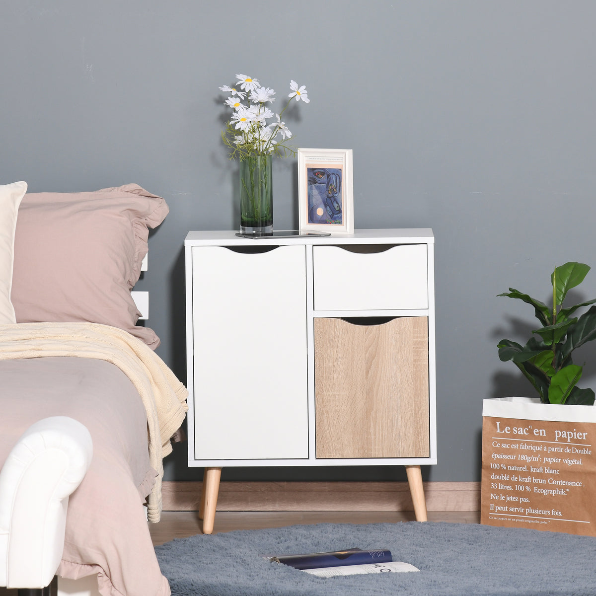 Buffet Meuble de Rangement Design scandinave 2 placards tiroir Coulissant Bois Blanc chêne Clair-7