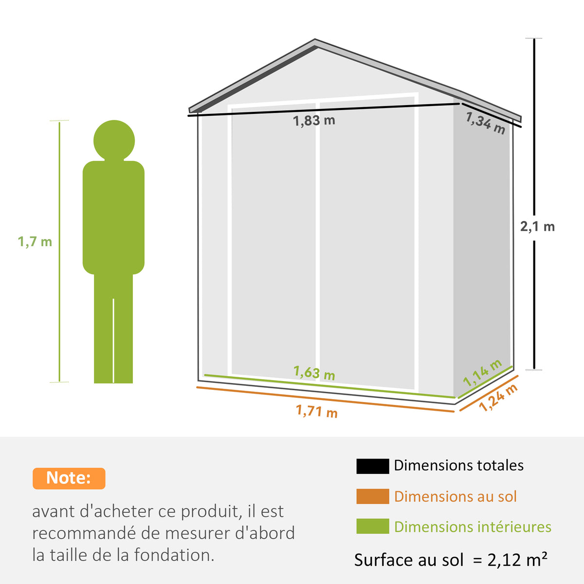 Abri de jardin cabanon en résine polypropylène 2,12 m² - 2 portes 1 fenêtre et 1 grille d'aération, toit à pignon, gris-2
