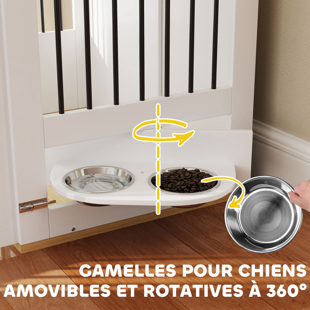 Cage pour chiens, table d'appoint, gamelles amovibles rotatives à 360° 2 portes pour chien moyenne 80x55x71,5cm blanc-3