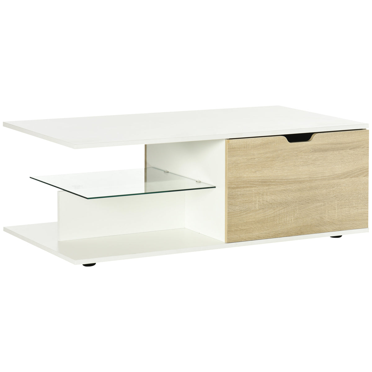 Table basse rectangulaire design contemporain 2 tiroirs 2 niches étagère verre trempé panneaux blanc aspect chêne clair-0