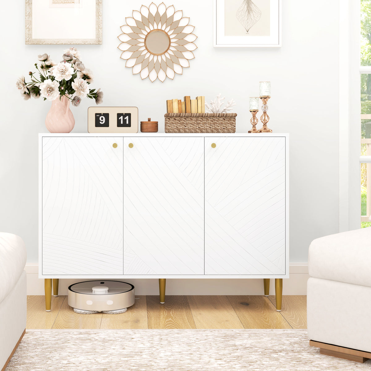 Buffet meuble de rangement avec 2 placard 3 portes étagères ajustables pieds dorés en acier 107 x 35 x 77 cm blanc-1