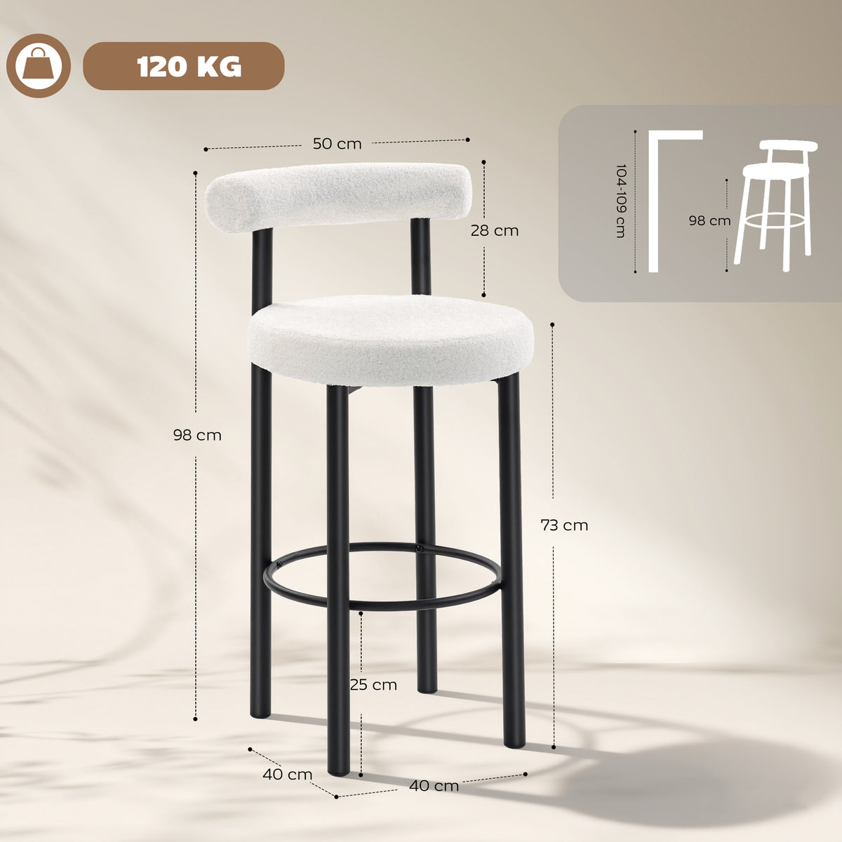Lot de 2 tabourets de bar, chaises de bar en tissu bouclette avec dossier incurvé, repose-pieds, 50x52,5x98cm, blanc-2