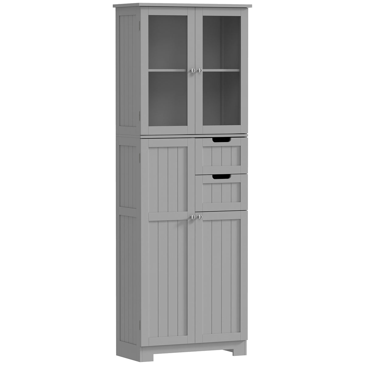 Meuble de salle de bain haut, meuble de rangement avec 4 portes dont 2 vitrées, 2 tiroirs et étagères réglables, gris-0
