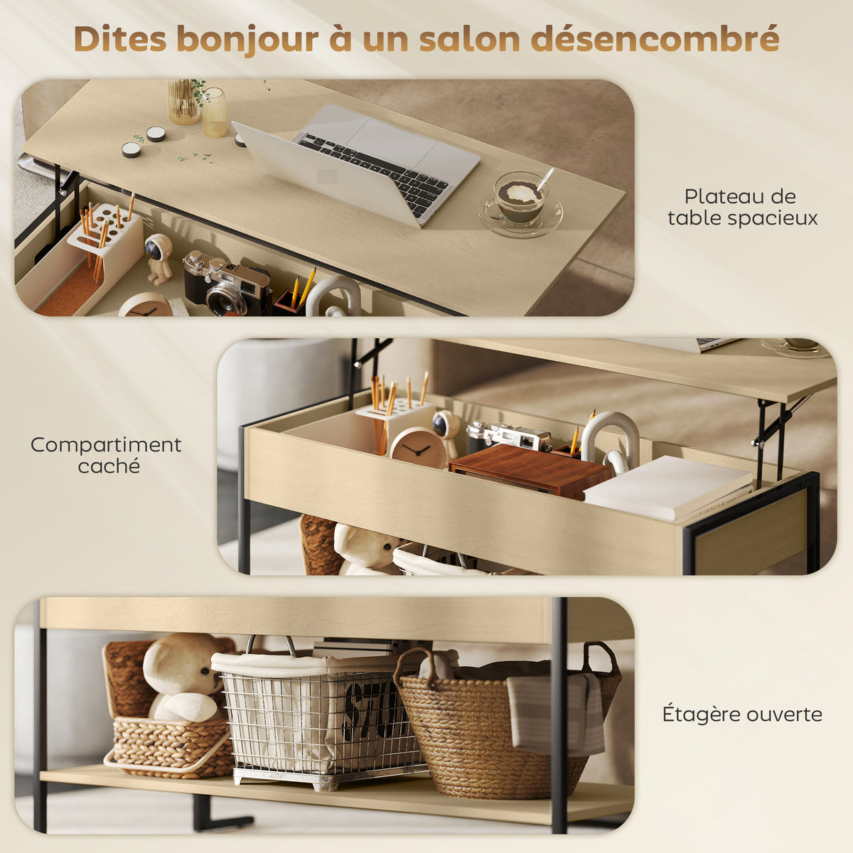 Table basse avec plateau relevable, table de salon avec compartiment caché et étagère ouverte, 95x40x59cm, bois naturel-5