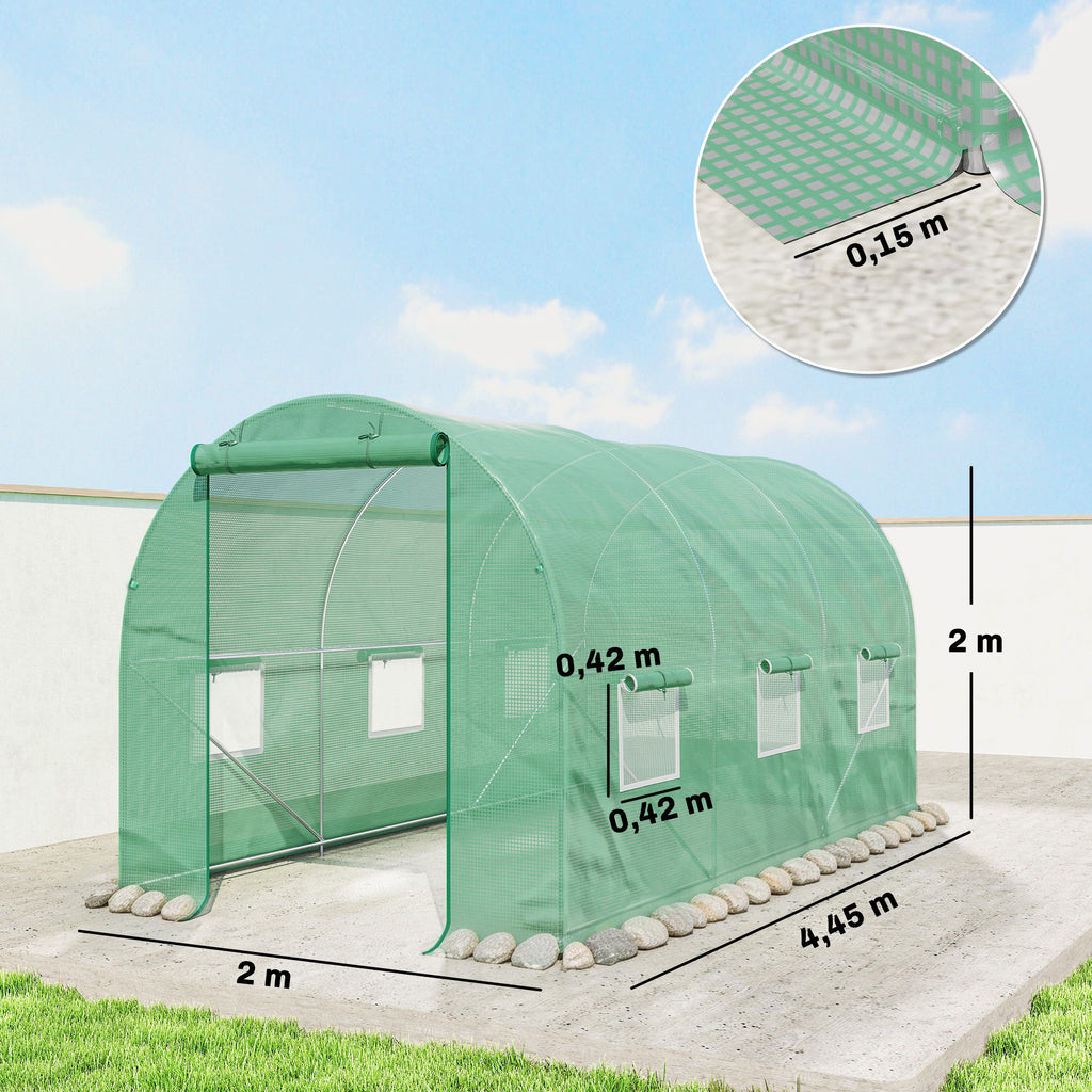 Serre de Jardin Tunnel 4,5L x 2l x 2H m châssis Tubulaire Acier galvanisé renforcé 1,8 cm 6 fenêtres 1 Porte-2
