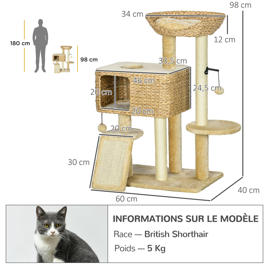 Arbre à chat avec griffoir niche panier d'observation plateformes pompon suspendus 60 x 40 x 98 cm beige-2