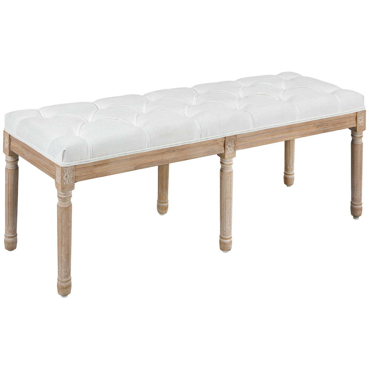 Banc bout de lit banquette capitonnée style vintage français revêtement tissu aspect lin pieds en bois massif crème-0