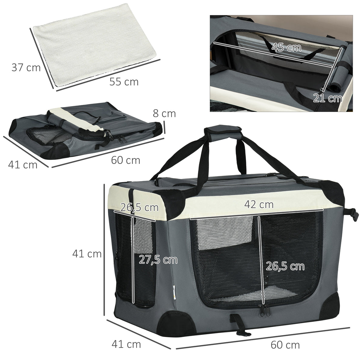 Sac de transport pliable - poignée, 3 entrées zippées, poche - coussin amovible - acier oxford polyester gris noir-2