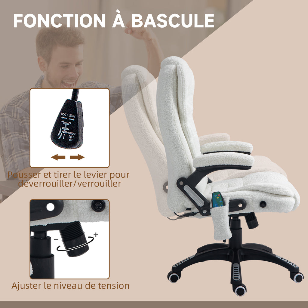 Fauteuil de bureau massant et chauffant hauteur réglable, dossier inclinable et télécommande filaire, pivotant à 360°-5