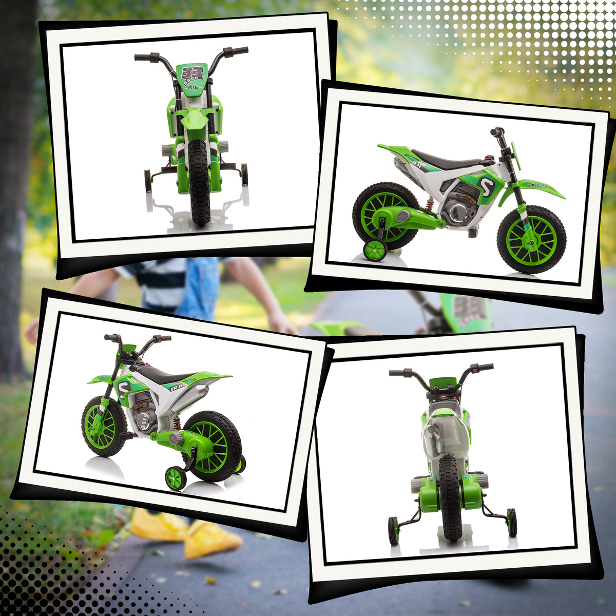 Moto Cross électrique pour Enfant 3 à 5 Ans 12 V 3-8 Km/h avec roulettes latérales Amovibles dim. 106,5L x 51,5l x 68H cm Vert-7