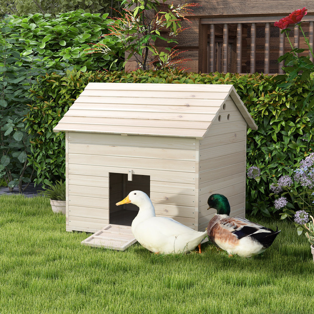 Abri pour canards maison pour canards avec toit ouvrant ventilation et porte-rampe 100 x 82,5 x 91 cm bois naturel-1