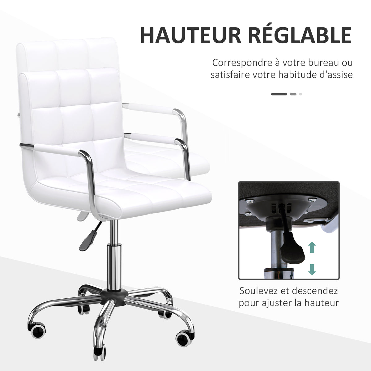 Lot de 2 chaises de bureau fauteuil manager pivotant hauteur réglable revêtement synthétique capitonné blanc-3